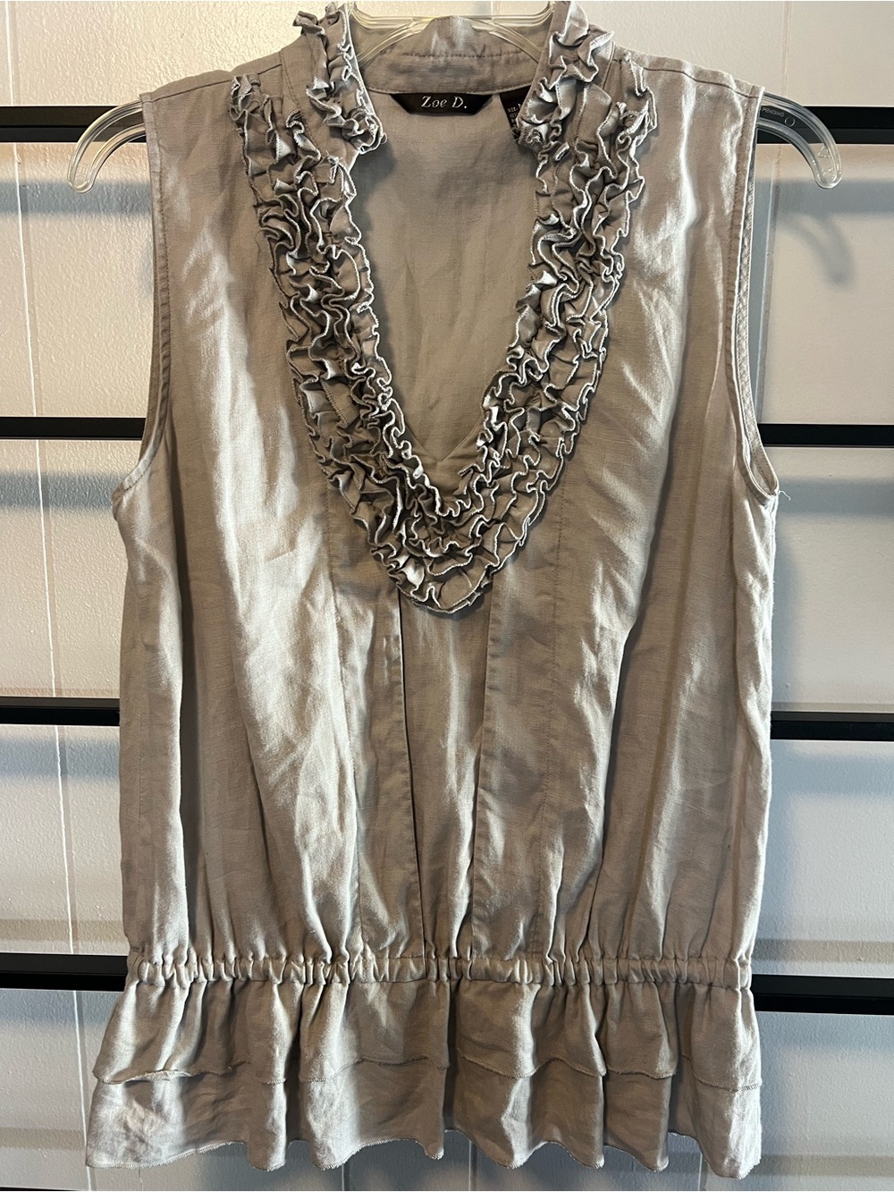 Sleeveless Ruffle V-Neck Top in Light Taupe, Zoe D, medium, linen, D11